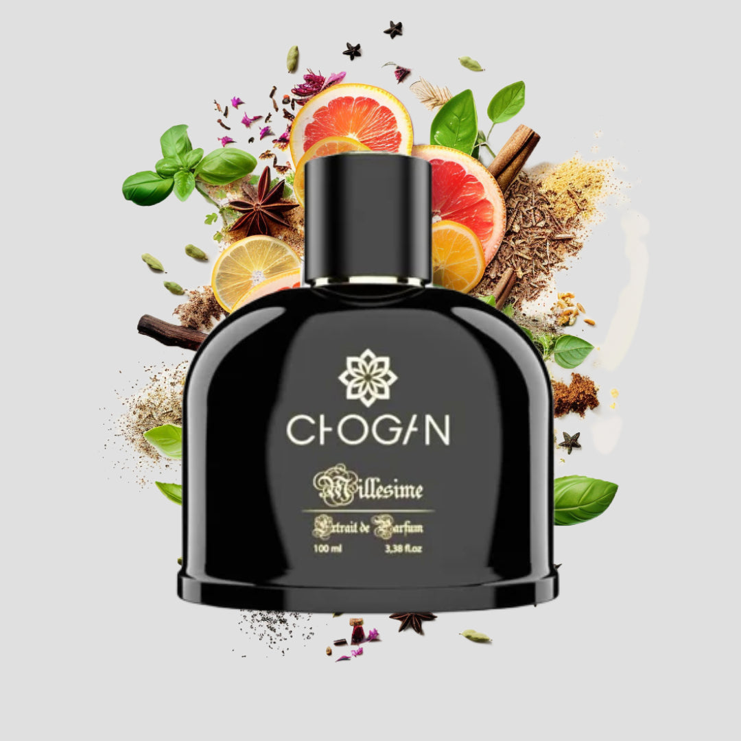 Chogan 4 Parfüm für Herren ¦ OLFAZETA 100ml ¦ Millesime Extrait de Parfum ¦ mit Duftnoten im Hintergrund abgebildet