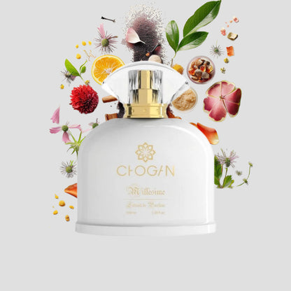 Chogan 025 Damen Parfum Dupe von OLFAZETA - 100ml mit visueller Darstellung der Duftnoten
